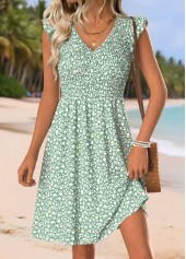 Light Green Ditsy Floral Print Short Smocked Dress