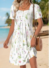 White Floral Print Short Tummy Coverage Square Neck Dress | thumb picture 