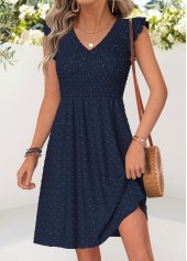 Navy Short Smocked V Neck Dress