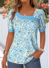 Light Blue Ditsy Floral Print Tummy Coverage T Shirt