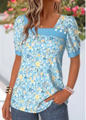 Light Blue Ditsy Floral Print Tummy Coverage T Shirt | thumb picture 