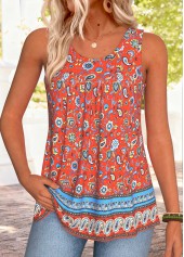 Red Tribal Print Curved Hem Sleeveless Tank Top