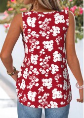 Red Floral Print Button Sleeveless V Neck Tank Top | thumb picture 