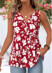 Red Floral Print Button Sleeveless V Neck Tank Top