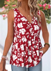 Red Floral Print Button Sleeveless V Neck Tank Top | thumb picture 
