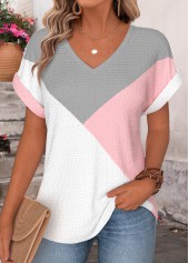 Light Pink Patchwork Short Sleeve V Neck T Shirt