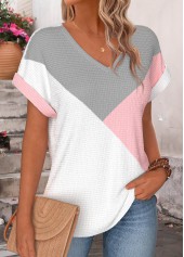 Light Pink Patchwork Short Sleeve V Neck T Shirt | thumb picture 