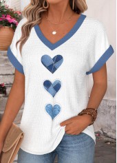 Denim Blue Heart Print Patchwork Short Sleeve T Shirt | thumb picture 