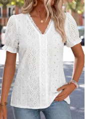 White Patchwork Short Sleeve V Neck T Shirt | thumb picture 