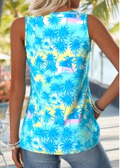 Cyan Tropical Plants Print Patchwork Sleeveless Tank Top | thumb picture 