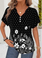 Black Floral Print Tummy Coverage Short Sleeve T Shirt