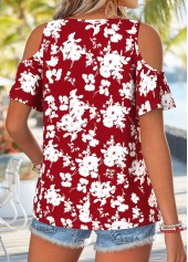 Wine Red Floral Print Twist Short Sleeve T Shirt | thumb picture 