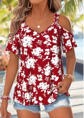 Wine Red Floral Print Twist Short Sleeve T Shirt