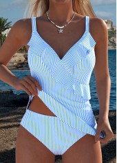 Blue Mid Waisted Two-piece Striped Tankini Set