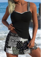 Black Mid Waisted Drawstring Paisley Print Tankini Set
