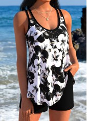 Black Mid Waisted Curved Hem Floral Print Tankini Set | thumb picture 