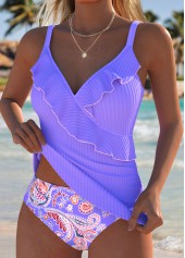 Purplish Blue Mid Waisted Surplice Paisley Print Tankini Set | thumb picture 