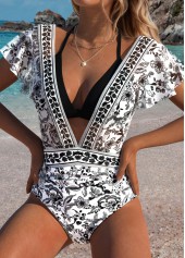 Black Two-piece Tribal Print One Piece Swimwear and Bra