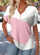 Pink Geometric Print Split Short Sleeve T Shirt