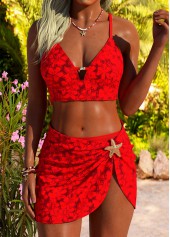 Red Mid Waisted Three-piece Floral Print Bikini Set