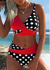 Red Mid Waisted Surplice Polka Dot Bikini Set