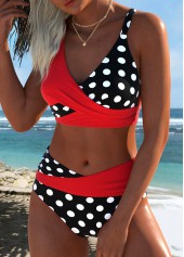 Red Mid Waisted Surplice Polka Dot Bikini Set | thumb picture 