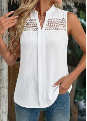 White Patchwork Sleeveless Split Neck Tank Top