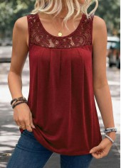 Wine Red Patchwork Sleeveless Scoop Neck Tank Top