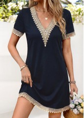 Navy Short Patchwork V Neck Dress