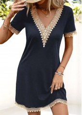 Navy Short Patchwork V Neck Dress | thumb picture 