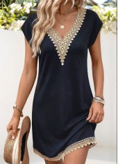 Navy Short Patchwork V Neck Dress | thumb picture 