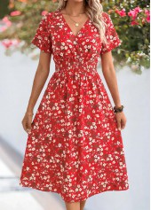 Red Ditsy Floral Print Smocked Short Sleeve Dress | thumb picture 