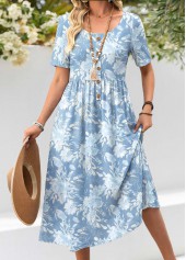 Light Blue Floral Print Shirred Short Sleeve Dress | thumb picture 
