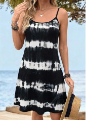 Black Tie Dye Print Tummy Coverage Strappy Dress
