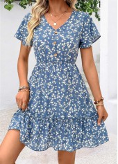 Dusty Blue Ditsy Floral Print Short Patchwork Dress