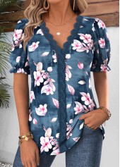 Peacock Blue Floral Print Lace Trim Short Sleeve Blouse