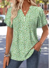Light Green Ditsy Floral Print Lace Trim T Shirt