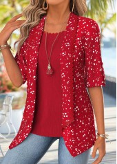 Red Geometric Print Half Sleeve Fake Two Piece Twinset