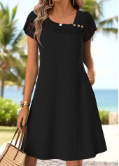 Black Short Double Side Pockets Asymmetrical Neck Dress