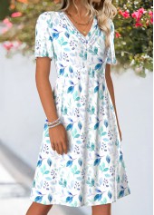White Plants Print Tuck Stitch Short Sleeve Dress | thumb picture 