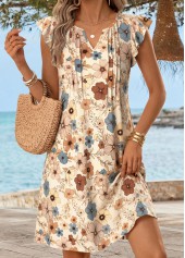 Beige Floral Print Short Tuck Stitch Sleeveless Dress