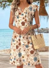 Beige Floral Print Short Tuck Stitch Sleeveless Dress | thumb picture 
