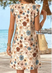 Beige Floral Print Short Tuck Stitch Sleeveless Dress | thumb picture 