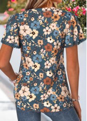 Peacock Blue Floral Print Curved Hem T Shirt | thumb picture 