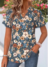 Peacock Blue Floral Print Curved Hem T Shirt | thumb picture 