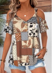 Light Coffee Tribal Print Twist Short Sleeve T Shirt