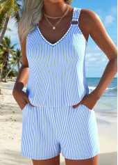 Light Blue Pocket Striped One Piece Swimwear