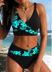 Cyan Mid Waisted Surplice Floral Print Bikini Set