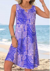 Purplish Blue Geometric Print Tuck Stitch Sleeveless Dress | thumb picture 