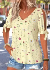 Light Yellow Floral Print Tie Short Sleeve T Shirt | thumb picture 